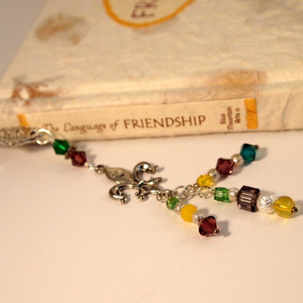 Mardi Gras Bookmark Fleur De Lis Bookmark Dangle Beaded Phoenix Tail Page Saver